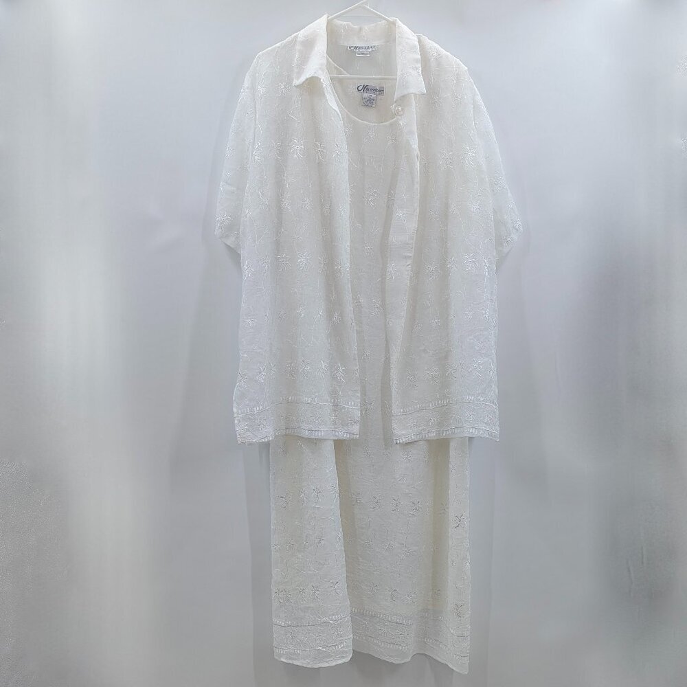 Sheer Organza 2Pc Dress Shirt 22W White Floral Embroidered Bridal Church Easter